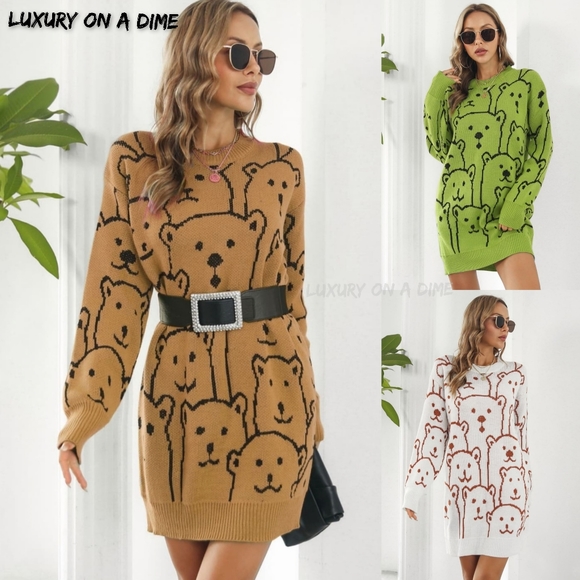 Polar Bear Round Neck Cozy Knit Long Sleeve Oversized Mini Sweater Dress White - Picture 10 of 11